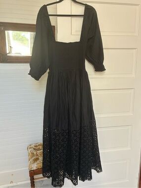 Free People Perfect Storm Black Square-Neck Midi Dress 100% Cotton